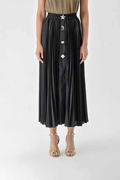 SOCIETA Siyah Piliseli ve aksesuar detaylı uzun etek 81256