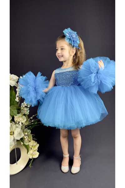 Delfini kids Şifon Robalı Ponpon Kol Pul Payetli Kız Çocuk Kabarık Etek Tütülü Abiye