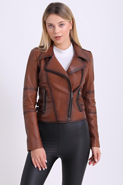 Deri Effect Kadın Kahverengi Hakiki Deri Biker Vintage Mont