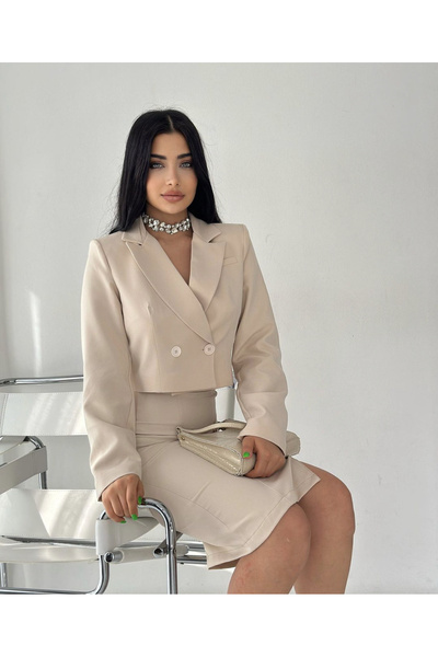 pembekurdelem Blazer Crop Ceket Etek Takım Taş
