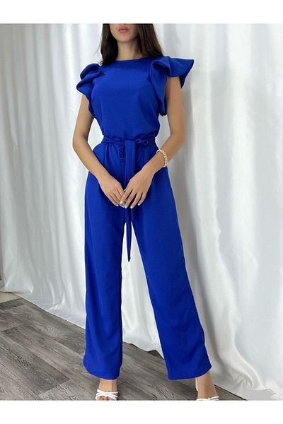 Secret Passion Lingerie Salopetă de seară lungă din țesătură creponată flexibilă albastră, cu mâneci cu volan, buzunare și centură 582183 705