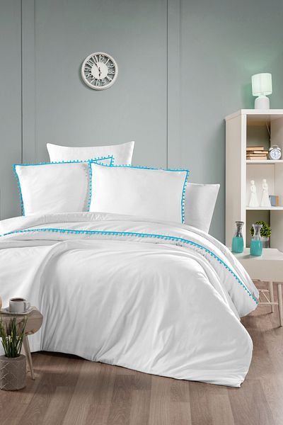 MyStory Home Double Pom-Pom Duvet Cover Set with Fitted Sheets - Blue