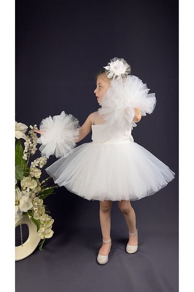 Delfini kids Ρόμπα σιφόν, μανίκι πομπομ, κοριτσίστικη φούστα κρινολίν με παγιέτες, βραδινό φόρεμα Tutu