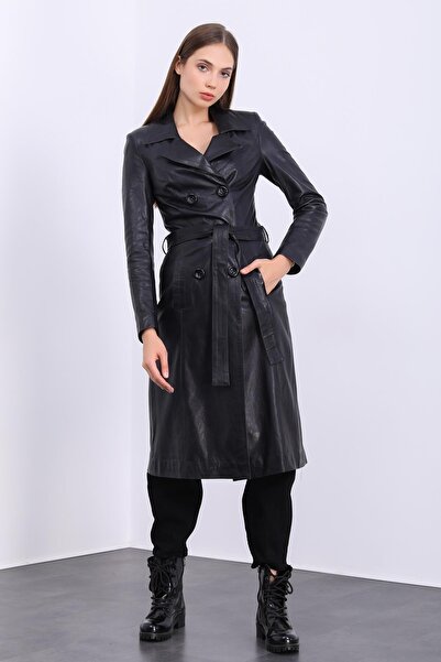 Deri Effect Kadın Siyah Hakiki Deri Trençkot