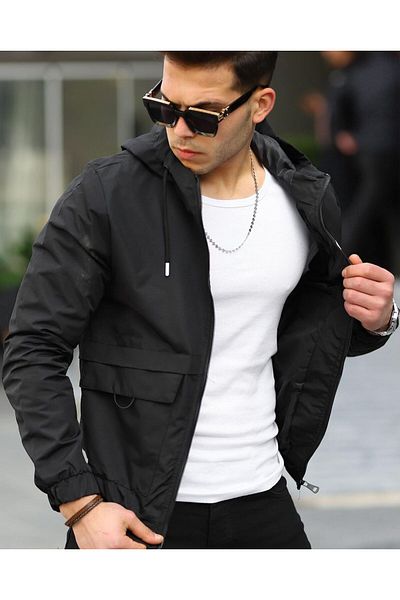 highlevel Seasonal Coat with Sleeve Pockets and Print Detail Water and Windproof Black