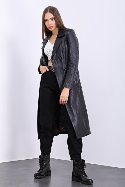 Deri Effect Kadın Siyah Hakiki Deri Trençkot