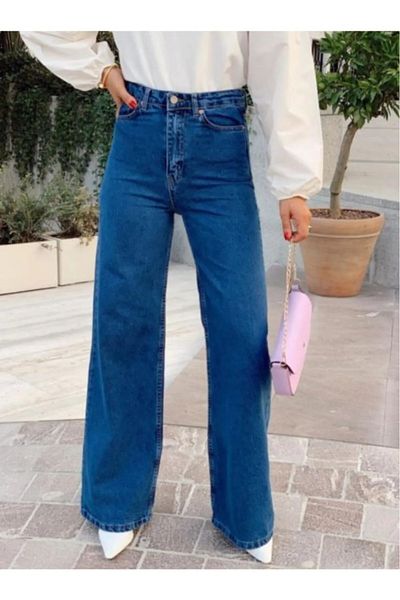 BROSERER Louvre Loose Lycra Extra High Talie Albastru închis Blugi largi Pantaloni Palazzo