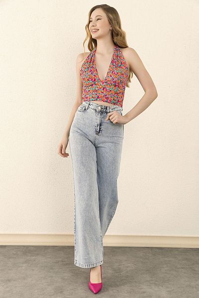 BROSERER Alara Blue Snow Wash Power Lycra Talie Super Înaltă Picioare Largi Jean Palazzo