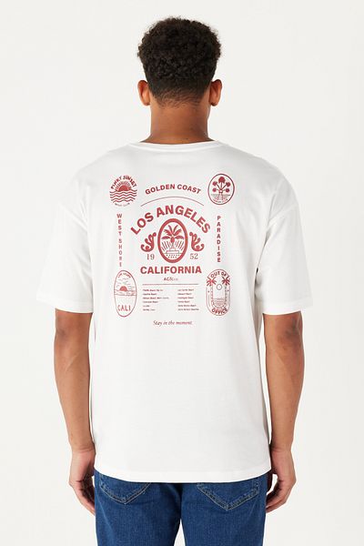 AC&Co / Altınyıldız Classics Weißes, übergroßes, locker geschnittenes, bedrucktes T-Shirt aus 100 % Baumwolle mit Rundhalsausschnitt für Herren