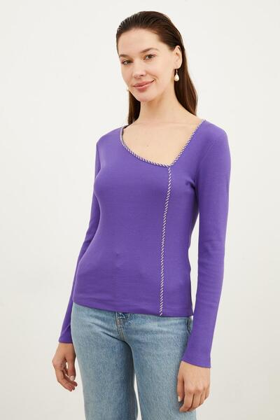 Hanna's by Hanna Darsa Kadın V Yaka Çapraz Taşlı Uzun Kollu Örme Bluz
