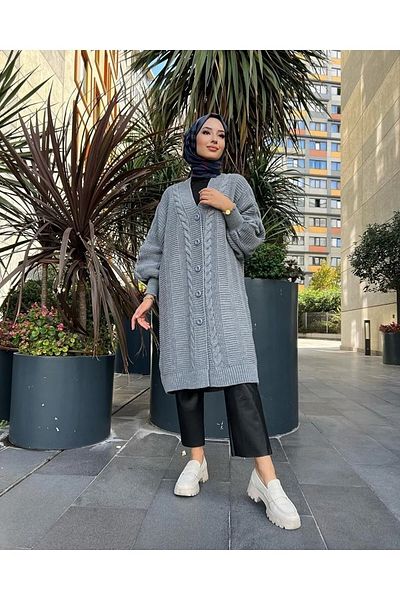 Kirazgym Damen-Strickjacke mit langen Haaren und Ballonärmeln