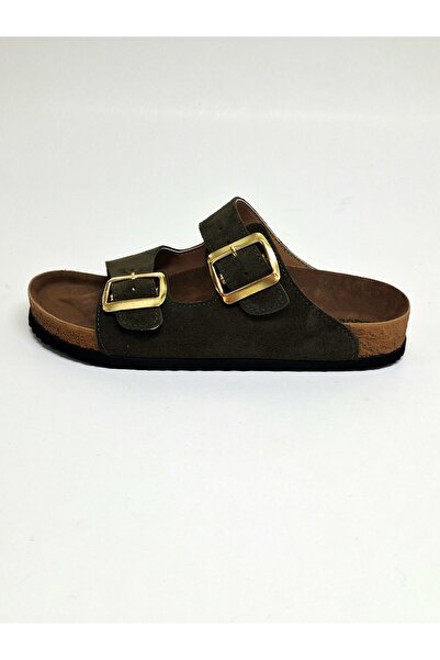 Bequemere Yellow Buckle Double Banded Genuine Suede Leather Daily Use Orthopedic Unisex Slippers