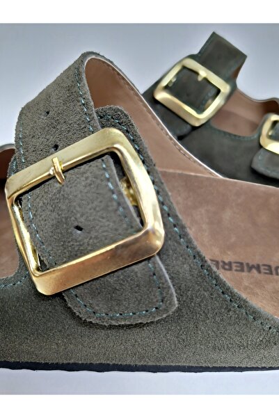 Bequemere Yellow Buckle Double Banded Genuine Suede Leather Daily Use Orthopedic Unisex Slippers