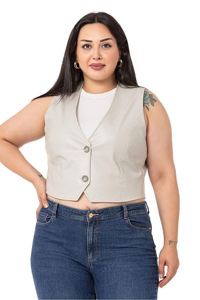 DISENTIS MODEST Plus Size Buttoned Lined Leather Short Gray Vest