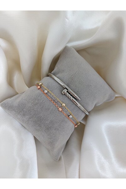 TAKYAKIŞTIR Kadın Mix Bileklik-Çivi Kelepçe Model Altın Kaplama Bileklik