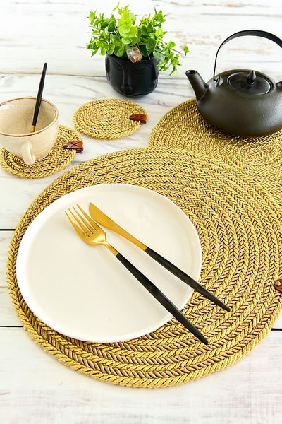 Homever 2 Pieces Premium Gold American Service and 12cm Coaster Set Washable Coaster Set Gold Coaster