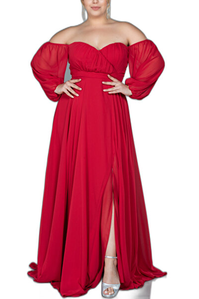 Arden Büyük Beden Genç Abiye, Şifon Madonna Yaka Siyah, Mor, Kırmızı, Laciver...