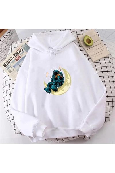 Gofeel Unisex Astronaut Guitarist White Oversize Hooded Sweatshirt Eza