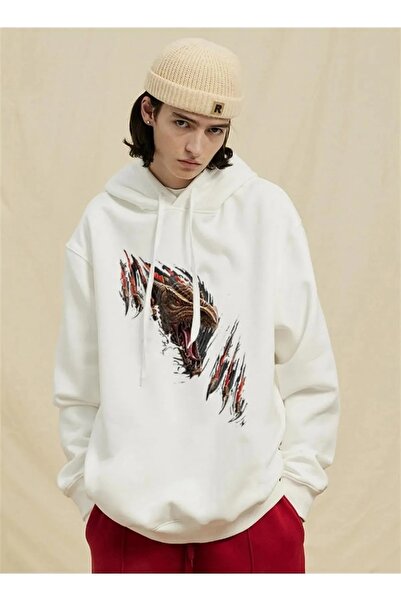 Gofeel Predator Dragon White Color Hooded Oversize Printed Sweatshirt Eza