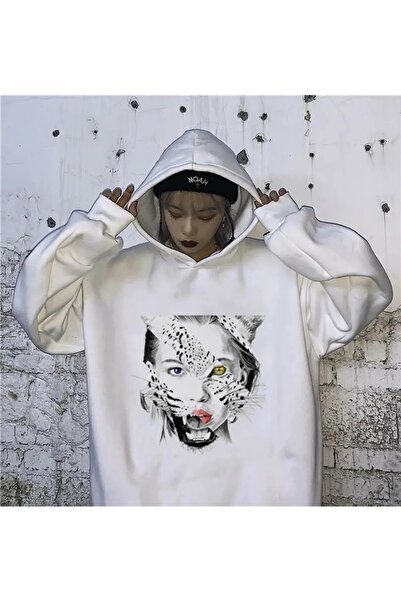 Gofeel Tiger Girl White Color Hooded Oversize Printed Sweatshirt Eza
