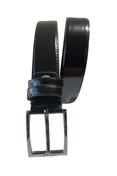 ÖZTÜRK KEMER Classic Black Patent Leather Belt Stitched Suit