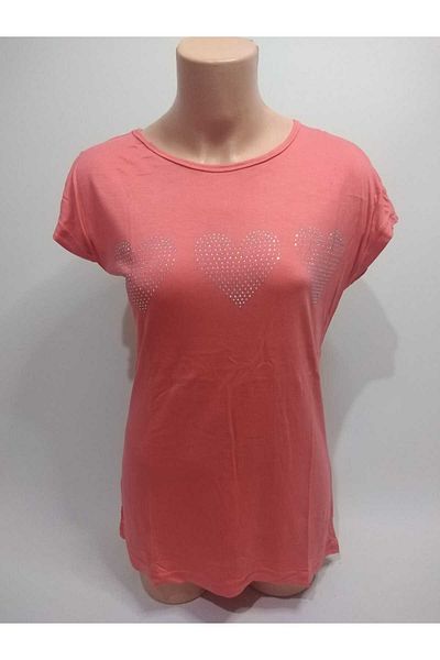 RELYA Tricou din viscoză cu mânecă liliac scurtă, cu flori de rodie, cu model de inimă în față