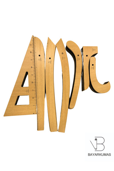 Bayar Kumaş Terzi-modelist-tekstil 7 Parça Ahşap Cetvel Riga Gönye Takımı