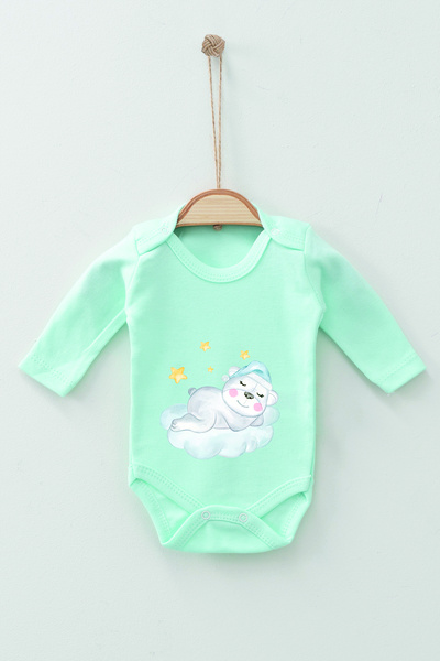 ADABEBEK 100% Cotton Organic Sleeping Bear Long Sleeve Badi Baby Bodysuit