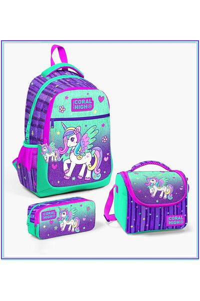 Coral High Set de genți de școală din 3 piese cu model unicorn violet pentru copii