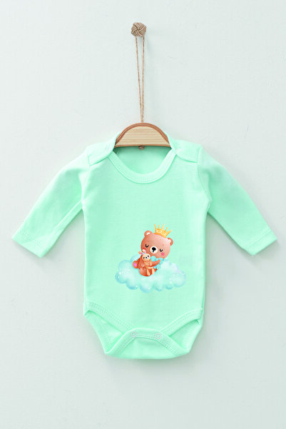 ADABEBEK %100 Pamuk Organik Bulutta Ayıcık Kral Uzun Kollu Badi Bebek Zıbın