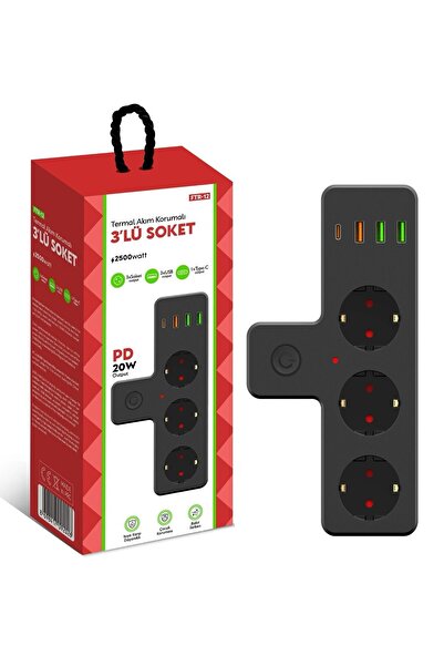 Aırstorr Airstor Ftr-12 3'li Termal Akım Korumalı Priz 3 USB 1 Type-C 20W PD Giriş
