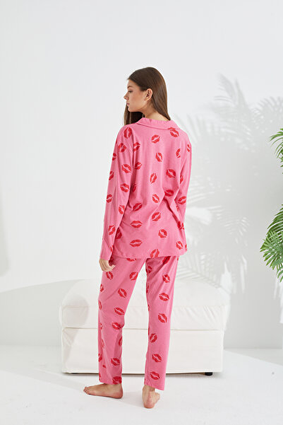 Siyah İnci pembe dudak desenli Pamuklu Düğmeli Pijama Takımı