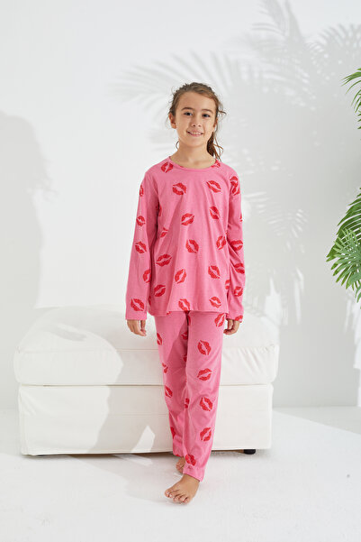 Siyah İnci pembe dudak desenli Pamuklu Pijama Takımı