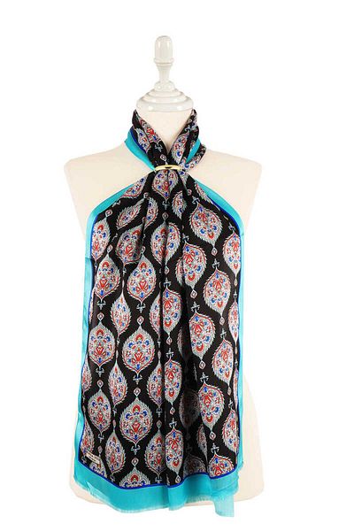 Bursa İpek Turquoise Hatai Pattern Silk Scarf