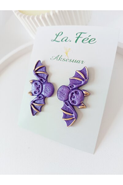 La fee aksesuar Çelik Küpe Iğneli - Cadılar Bayramı Kostüm Polimer Kil Küpe Mor Yarasa - Halloween Aksesuar