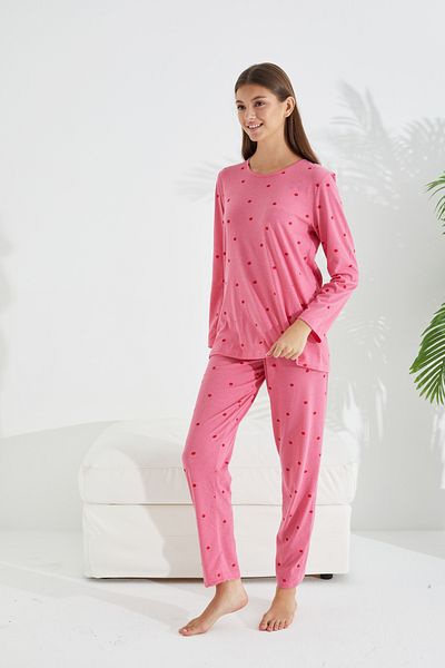 Siyah İnci pink dot patterned cotton pajama set