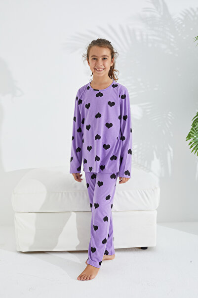 Siyah İnci Bavlněný pyžamový set s fialovým vzorem srdce