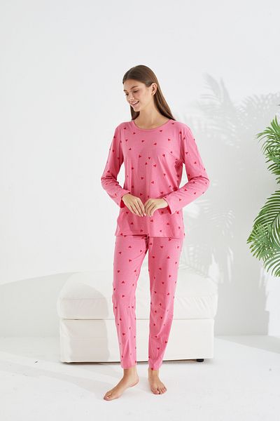 Siyah İnci pink heart patterned cotton pajama set