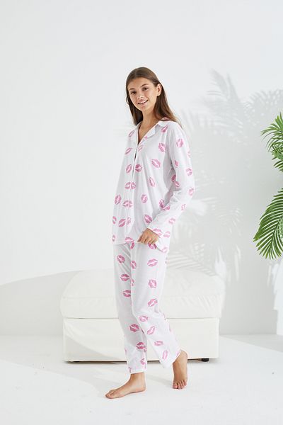 Siyah İnci White lip patterned Cotton Buttoned Pajama Set