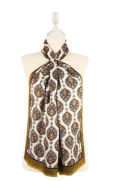 Bursa İpek Khaki Hatai Pattern Silk Scarf