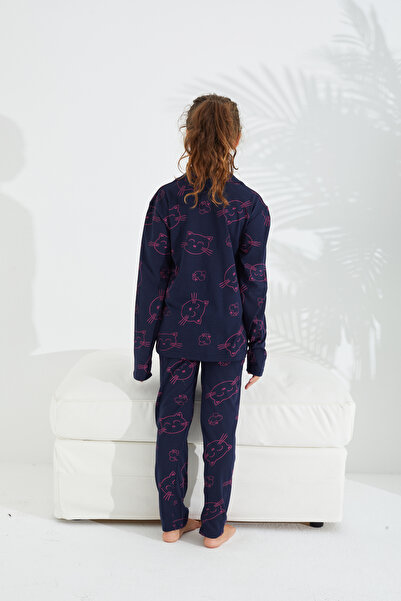 Siyah İnci Navy Blue Cat Patterned Cotton Buttoned Pajama Set