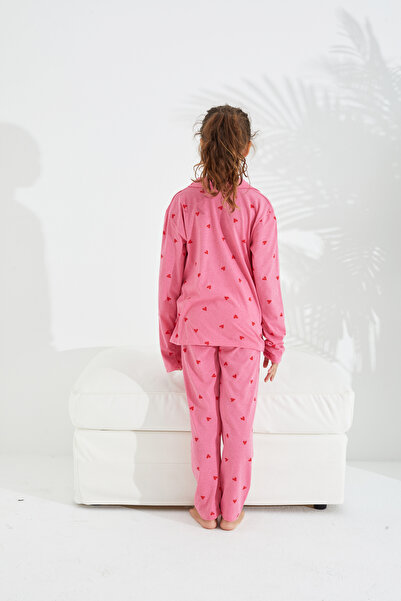 Siyah İnci Pink heart patterned cotton button-down pajama set