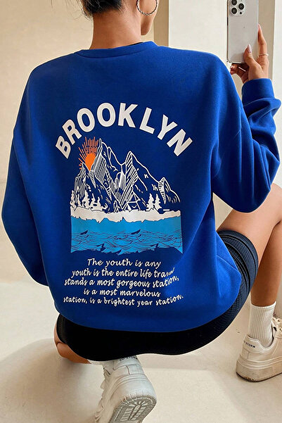MODAGEN Saks Blue Unisex Brooklyn Back Printed Oversize Sweatshirt