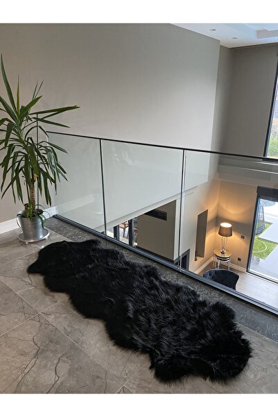 Turkrugs Siyah Renkli Yumuşak Tüy Dökmeyen Makinada Yıkanabilir Çift Kafalı Kuzu Post