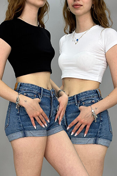 Tam Moda Γυναικείο T-shirt Crop Crew Neck Lycra Cotton Σετ 2 ασπρόμαυρων