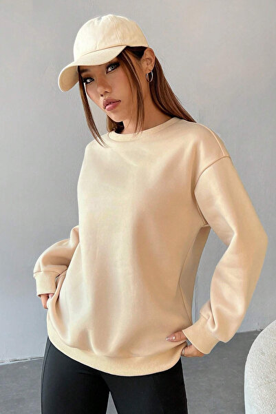 MODAGEN Unisex Μπεζ Πυξίδα με στάμπα Oversize φούτερ με λαιμόκοψη