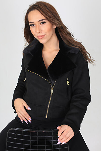 Neşeli Butik γυναικείο μαύρο σουέτ μπουφάν biker με επένδυση από γούνα MYLK12