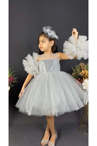 Delfini kids Chiffon Robe, Pompom Sleeve, Sequined Girl's Crinoline Skirt, Tutu Evening Dress