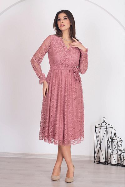 XXL BUTİK Rochie din dantelă Dusty Rose - Guler dublu și căptușit cu curea Rssn31