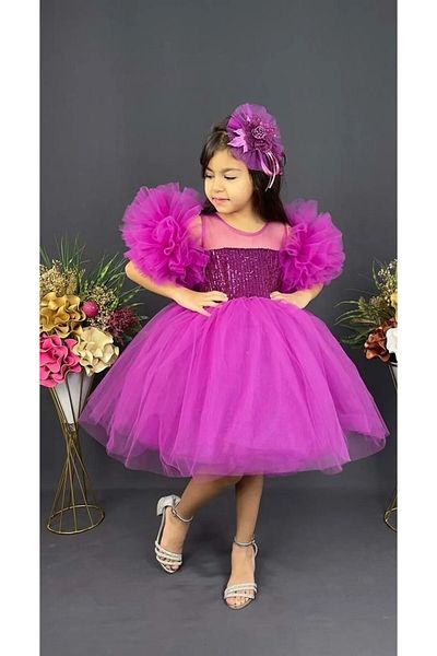 Delfini kids Ρόμπα σιφόν, μανίκι πομπομ, κοριτσίστικη φούστα κρινολίν με παγιέτες, βραδινό φόρεμα Tutu
